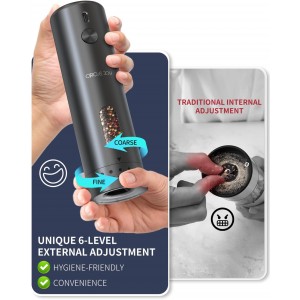 CIRCLE JOY Electric Pepper Grinder Rechargeable, Automatic Pepper Mill with 110ml Container, External Adjustable Coarseness, White Led Light and One-Handed Operation, Black