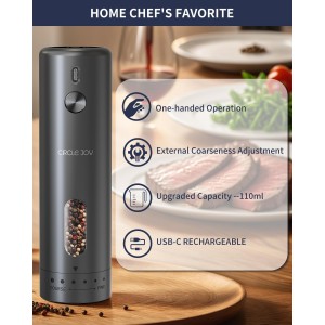 CIRCLE JOY Electric Pepper Grinder Rechargeable, Automatic Pepper Mill with 110ml Container, External Adjustable Coarseness, White Led Light and One-Handed Operation, Black