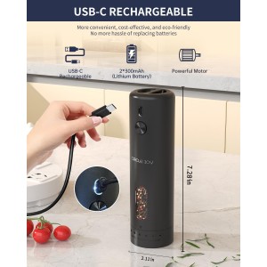 CIRCLE JOY Electric Pepper Grinder Rechargeable, Automatic Pepper Mill with 110ml Container, External Adjustable Coarseness, White Led Light and One-Handed Operation, Black