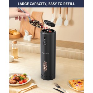 CIRCLE JOY Electric Pepper Grinder Rechargeable, Automatic Pepper Mill with 110ml Container, External Adjustable Coarseness, White Led Light and One-Handed Operation, Black