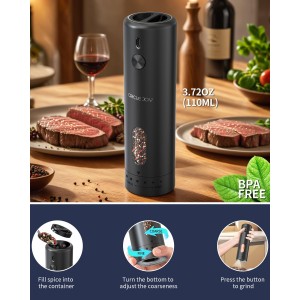 CIRCLE JOY Electric Pepper Grinder Rechargeable, Automatic Pepper Mill with 110ml Container, External Adjustable Coarseness, White Led Light and One-Handed Operation, Black