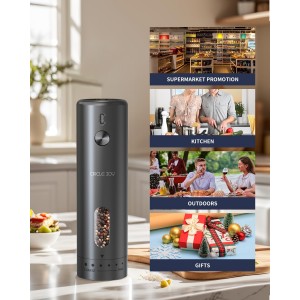 CIRCLE JOY Electric Pepper Grinder Rechargeable, Automatic Pepper Mill with 110ml Container, External Adjustable Coarseness, White Led Light and One-Handed Operation, Black