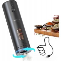 CIRCLE JOY Electric Pepper Grinder Rechargeable, Automatic Pepper Mill with 110ml Container, External Adjustable Coarseness, White Led Light and One-Handed Operation, Black