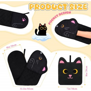 Black Oven Mitts and Pot Holder,Cat Design Cooking Glove with Hook,Cotton Lining and Heat Resistant Double Oven Mitts for Baking,Microwave,Oven Mitts Gifts for Mom,Women(Black)