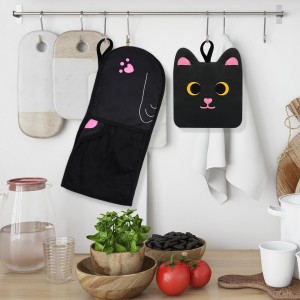 Black Oven Mitts and Pot Holder,Cat Design Cooking Glove with Hook,Cotton Lining and Heat Resistant Double Oven Mitts for Baking,Microwave,Oven Mitts Gifts for Mom,Women(Black)