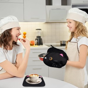 Black Oven Mitts and Pot Holder,Cat Design Cooking Glove with Hook,Cotton Lining and Heat Resistant Double Oven Mitts for Baking,Microwave,Oven Mitts Gifts for Mom,Women(Black)
