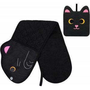 Black Oven Mitts and Pot Holder,Cat Desi...