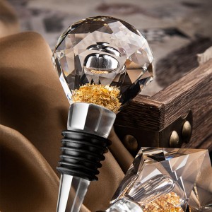 100% Glass Wine Stopper 1Pcs, Elegant Wine Stopper with Gold Foil for Kitchen Wine storage, Decorative Crystal Round Wine and Beverage Bottle Stopper, Made of Premium Glass and Silicone, Clear