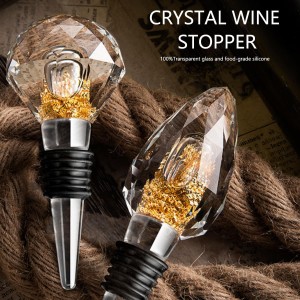 100% Glass Wine Stopper 1Pcs, Elegant Wine Stopper with Gold Foil for Kitchen Wine storage, Decorative Crystal Round Wine and Beverage Bottle Stopper, Made of Premium Glass and Silicone, Clear