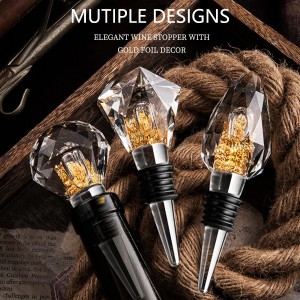 100% Glass Wine Stopper 1Pcs, Elegant Wine Stopper with Gold Foil for Kitchen Wine storage, Decorative Crystal Round Wine and Beverage Bottle Stopper, Made of Premium Glass and Silicone, Clear