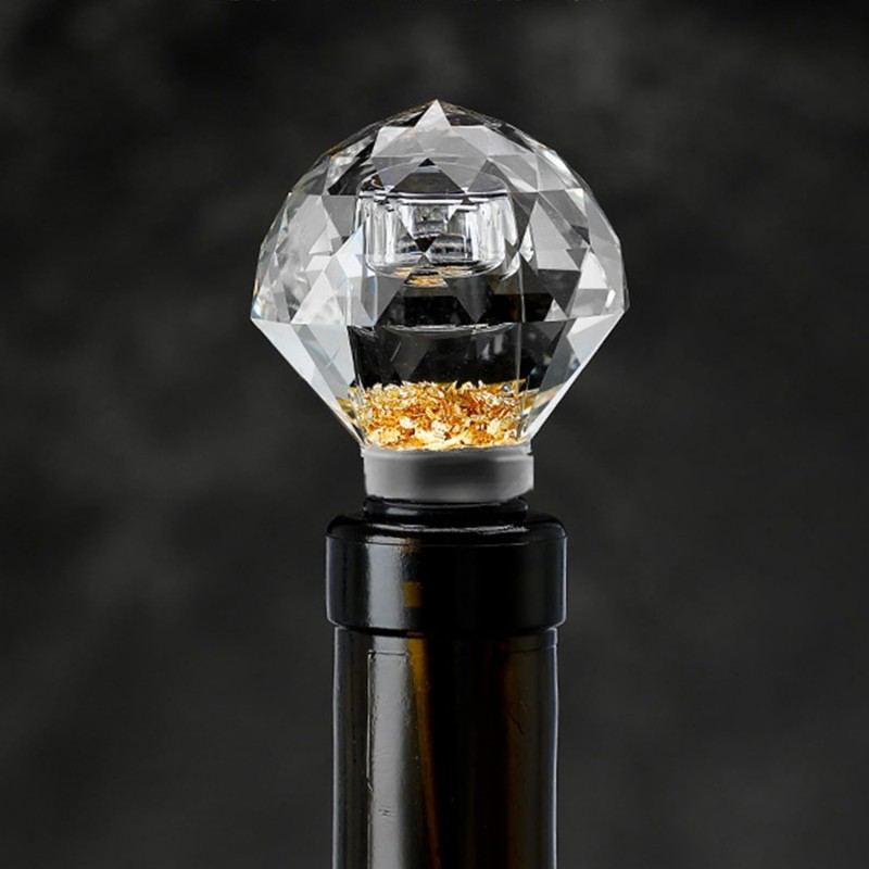 100% Glass Wine Stopper 1Pcs, Elegant Wine Stopper with Gold Foil for Kitchen Wine storage, Decorative Crystal Round Wine and Beverage Bottle Stopper, Made of Premium Glass and Silicone, Clear