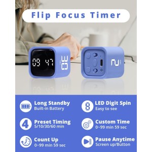 Productivity Timer Flip Gravity Sensor Cube Timer Countdown & Countup,Mute & Vibrate & Sound，5/10/30/60min & Custom Timing, Perfect for ADHD,Work,Learning,Kitchen Cooking (2 Blue)