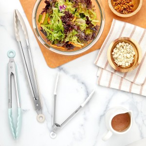 Tovolo Stainless Steel Tongs with Silicone Tips Set of 3 Mini 7” 9” 12 Inch with Easy Lock Mechanism for Cooking Grilling Air Fryer Serving, Buttercream Blue Haze Oatmeal Heat Resistant Kitchen Tong