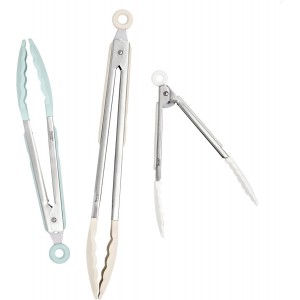 Tovolo Stainless Steel Tongs with Silicone Tips Set of 3 Mini 7” 9” 12 Inch with Easy Lock Mechanism for Cooking Grilling Air Fryer Serving, Buttercream Blue Haze Oatmeal Heat Resistant Kitchen Tong