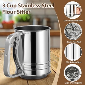 Flour Sifter, Sifter for Baking with Flour and Powdered Sugar Shaker Duster Set, 3 Cup 3 in 1 Stainless Steel Double Layer Fine Mesh Sifter for Cakes, Pastries, Pies, Cupcakes and Desserts