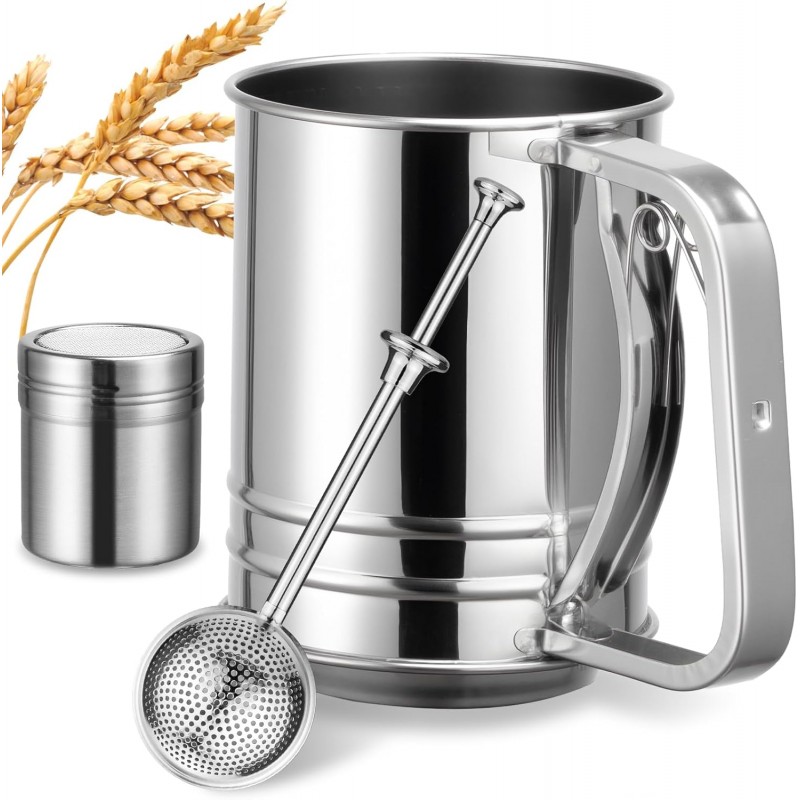 Flour Sifter, Sifter for Baking with Flour and Powdered Sugar Shaker Duster Set, 3 Cup 3 in 1 Stainless Steel Double Layer Fine Mesh Sifter for Cakes, Pastries, Pies, Cupcakes and Desserts
