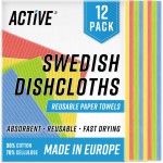 ACTIVE Swedish Dish Cloths for Kitchen 12 Pack Cellulose Sponge Cloth, Washable Dishcloths for Washing Dishes, Original European Dish Towels, Absorbent Reusable Paper Towels - Multicolor Assorted