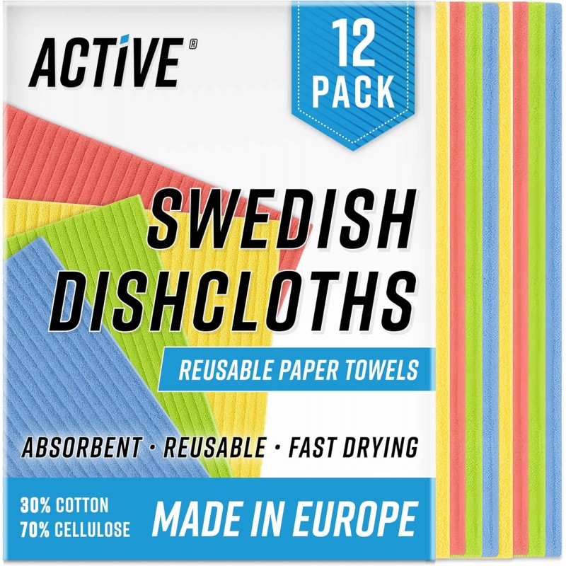 ACTIVE Swedish Dish Cloths for Kitchen 12 Pack Cellulose Sponge Cloth, Washable Dishcloths for Washing Dishes, Original European Dish Towels, Absorbent Reusable Paper Towels - Multicolor Assorted