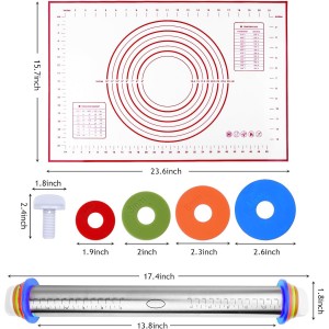 Adjustable Rolling Pin 19 Baking Tool Set and Silicone Baking Pastry Mat Set,Thickness Rings,Stainless Steel Dough Roller Rolling Pins for Baking Dough, Pizza, Pie, Pastrie(Red Mat)