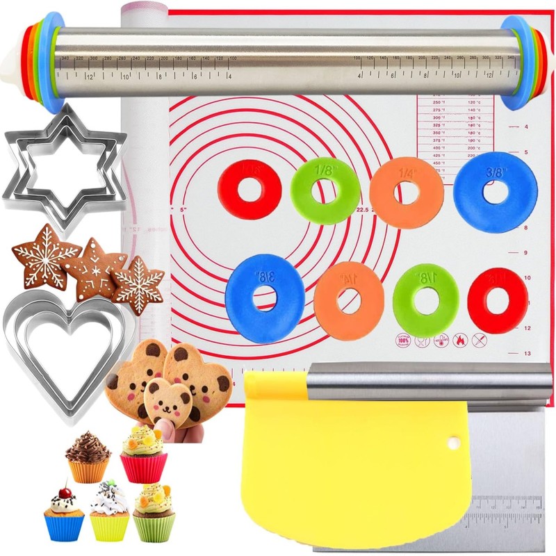 Adjustable Rolling Pin 19 Baking Tool Set and Silicone Baking Pastry Mat Set,Thickness Rings,Stainless Steel Dough Roller Rolling Pins for Baking Dough, Pizza, Pie, Pastrie(Red Mat)