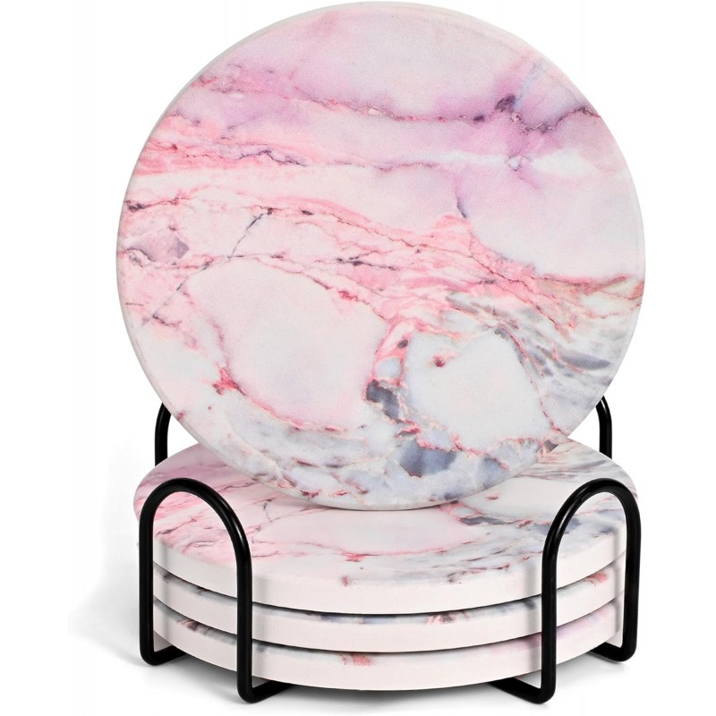 Cute Pink Marble Coasters Set of 4, 4 Inch Office Aesthetic Absorbent Drink Coasters for Women