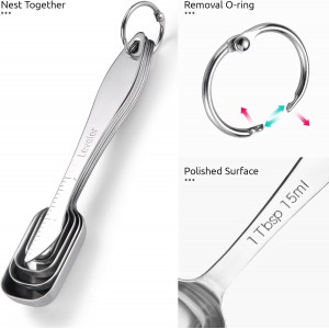 U-Taste Narrow Square Measuring Spoons: 18/8 Stainless Steel Kitchen Measure Teaspoon Tablespoon with Leveler, Polygon Rectangular Metal Jar Scoop for Baking Cooking, Coffee, Spice, Powder (Set of 7)