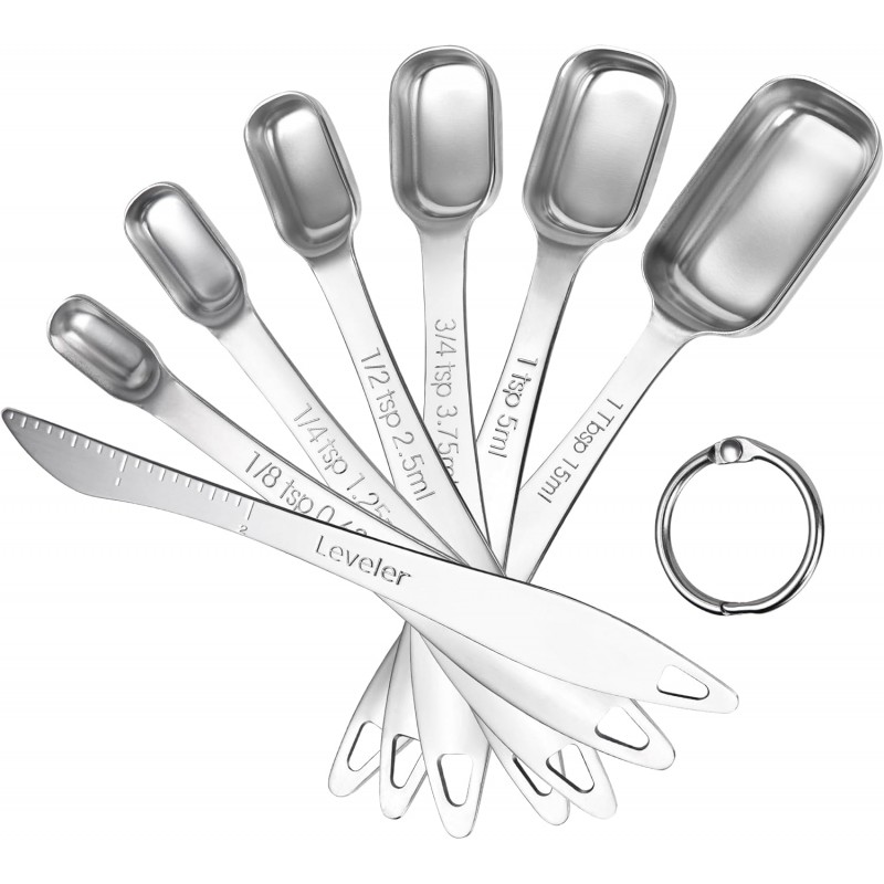 U-Taste Narrow Square Measuring Spoons: 18/8 Stainless Steel Kitchen Measure Teaspoon Tablespoon with Leveler, Polygon Rectangular Metal Jar Scoop for Baking Cooking, Coffee, Spice, Powder (Set of 7)