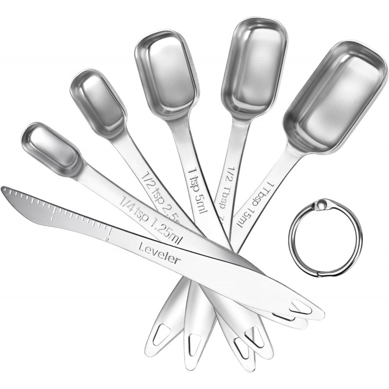 U-Taste Narrow Square Measuring Spoons: 18/8 Stainless Steel Kitchen Measure Teaspoon Tablespoon with Leveler, Polygon Rectangular Metal Jar Scoop for Baking Cooking, Coffee, Spice, Powder (Set of 6)