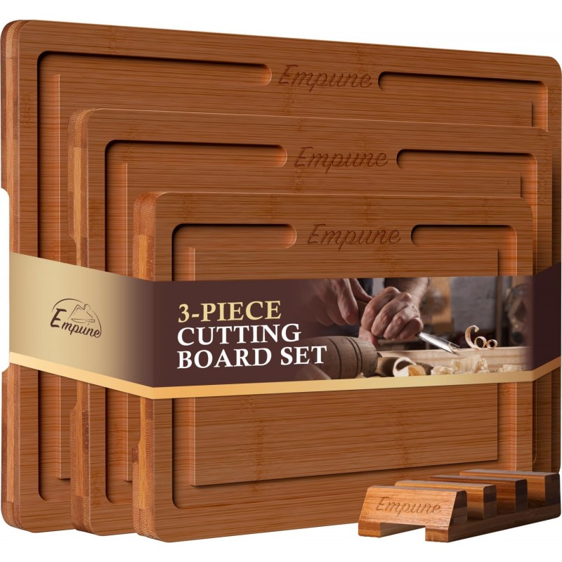Empune Bamboo Cutting Board Set, Wood Cutting Boards for Kitchen with Holder Wooden Chopping Board for Meal Prep & Serving, Brown
