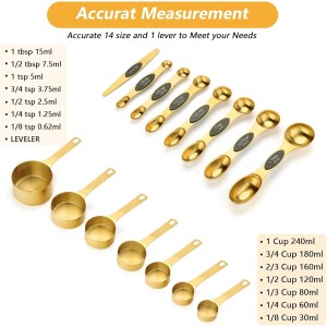 GuDoQi 15pcs Gold Magnetic Measuring Spoons and Cups Set, Stainless Steel 8 Dual Sided Magnetic Measuring Spoons set with Leveler, 7 Cups, Measurement for Liquid and Dry Ingredients for Kitchen