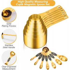 GuDoQi 15pcs Gold Magnetic Measuring Spoons and Cups Set, Stainless Steel 8 Dual Sided Magnetic Measuring Spoons set with Leveler, 7 Cups, Measurement for Liquid and Dry Ingredients for Kitchen