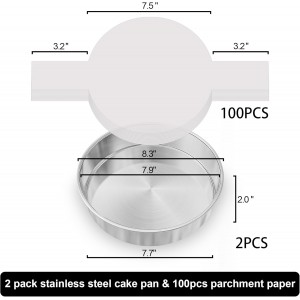 8 Inch Cake Pan Set of 2, Nonstick Stainless Steel Round Layer Cake Baking Pans with 100PCS Parchment Papers, Circle Cake Pan Tins for Birthday Christmas, Non-Toxic & Healthy, Dishwasher Safe