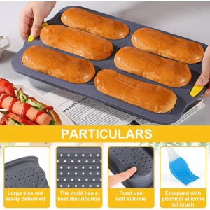 Nonstick Silicone Baguette Pan, Perforated Baking Forms Hot Dog Bun Moldes 6 Loaf French Bread Bake Mold Sandwich Molds Baking Tray for Oven Baker (grey)