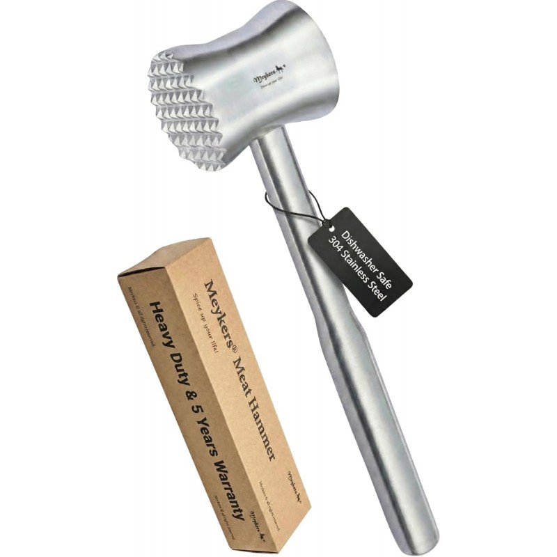 Meykers Meat Tenderizer Mallet | 304 Stainless Steel | Dishwasher Safe | Meat Pounder Hammer Flattner Beater | Kitchen Tool for Steak Chicken Poultry Food | ablandador de carne martillo para carne