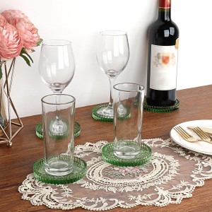 Modern Clear Green Glass Coasters Set of 5 - Round Crystal Coasters for Drinks, Coffee Table Decor