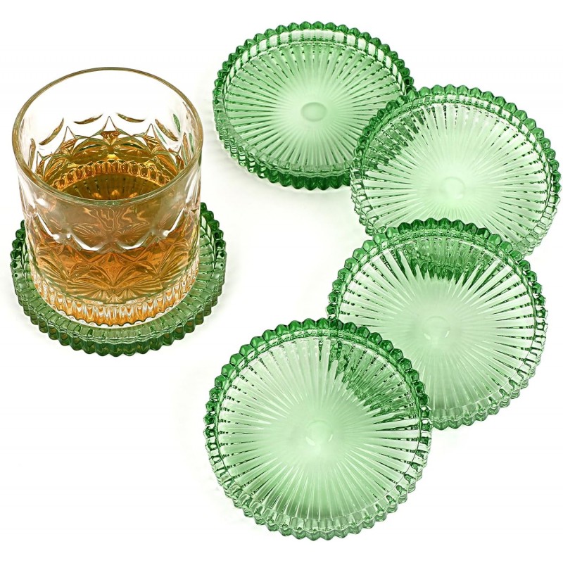 Modern Clear Green Glass Coasters Set of 5 - Round Crystal Coasters for Drinks, Coffee Table Decor