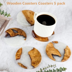 Drink Coaster Set, Wooden Absorbent Coasters, Epoxy Resin Coaster for Coffee Table, Tabletop Protection Decor, Set of 5 with Holder