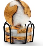 Drink Coaster Set, Wooden Absorbent Coasters, Epoxy Resin Coaster for Coffee Table, Tabletop Protection Decor, Set of 5 with Holder