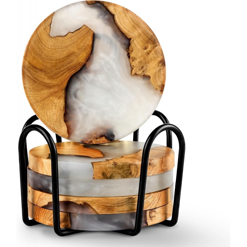 Drink Coaster Set, Wooden Absorbent Coasters, Epoxy Resin Coaster for Coffee Table, Tabletop Protection Decor, Set of 5 with Holder