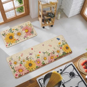 Baccessor Spring Kitchen Mats Set of 2, Daisy Butterfly Floral Kitchen Rugs for Floor Non Slip Low-Profile Seasonal Spring Summer Home Decor 17x29 and 17x47 Inch