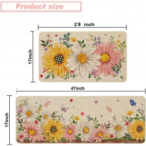 Baccessor Spring Kitchen Mats Set of 2, Daisy Butterfly Floral Kitchen Rugs for Floor Non Slip Low-Profile Seasonal Spring Summer Home Decor 17x29 and 17x47 Inch