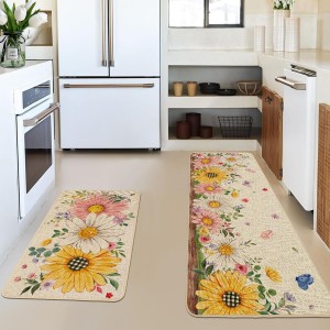 Baccessor Spring Kitchen Mats Set of 2, Daisy Butterfly Floral Kitchen Rugs for Floor Non Slip Low-Profile Seasonal Spring Summer Home Decor 17x29 and 17x47 Inch