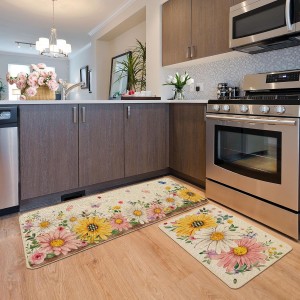 Baccessor Spring Kitchen Mats Set of 2, Daisy Butterfly Floral Kitchen Rugs for Floor Non Slip Low-Profile Seasonal Spring Summer Home Decor 17x29 and 17x47 Inch