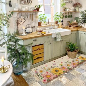 Baccessor Spring Kitchen Mats Set of 2, Daisy Butterfly Floral Kitchen Rugs for Floor Non Slip Low-Profile Seasonal Spring Summer Home Decor 17x29 and 17x47 Inch