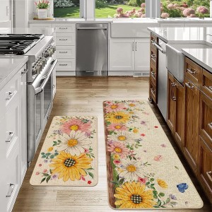 Baccessor Spring Kitchen Mats Set of 2, Daisy Butterfly Floral Kitchen Rugs for Floor Non Slip Low-Profile Seasonal Spring Summer Home Decor 17x29 and 17x47 Inch