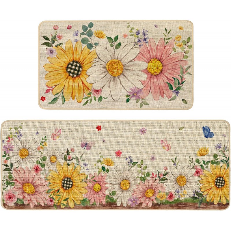 Baccessor Spring Kitchen Mats Set of 2, Daisy Butterfly Floral Kitchen Rugs for Floor Non Slip Low-Profile Seasonal Spring Summer Home Decor 17x29 and 17x47 Inch