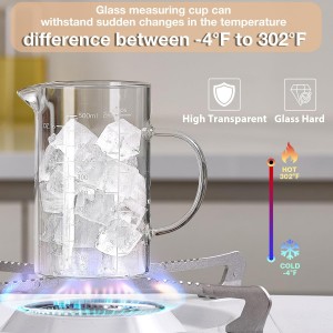 500ML 2 CUP Glass Liquid Measuring Cup With Handle, High Borosilicate Glass Three Scales (OZ, Cup, ML/CC) for Kitchen or Restaurant, V-Shaped Spout Glass Measuring Beaker, Easy To Read