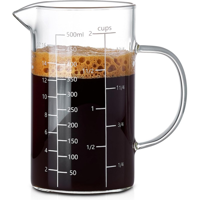 500ML 2 CUP Glass Liquid Measuring Cup With Handle, High Borosilicate Glass Three Scales (OZ, Cup, ML/CC) for Kitchen or Restaurant, V-Shaped Spout Glass Measuring Beaker, Easy To Read