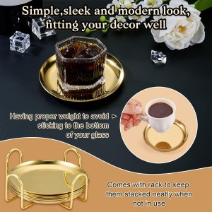 6 pcs Gold Drink Coaster with Holder Non-Slip Metal Cup Mat Flat Round Drink Coasters for Wedding Drinks Coffee Table Glass Mug Hotel Bar Teacup Party Supplies
