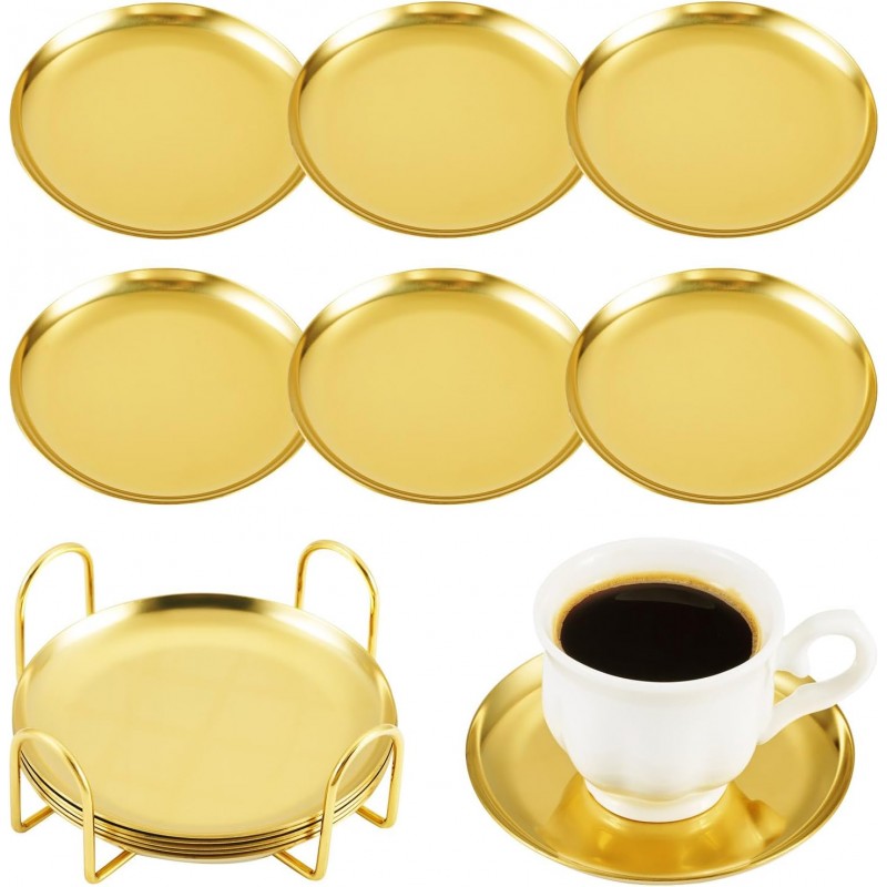 6 pcs Gold Drink Coaster with Holder Non-Slip Metal Cup Mat Flat Round Drink Coasters for Wedding Drinks Coffee Table Glass Mug Hotel Bar Teacup Party Supplies